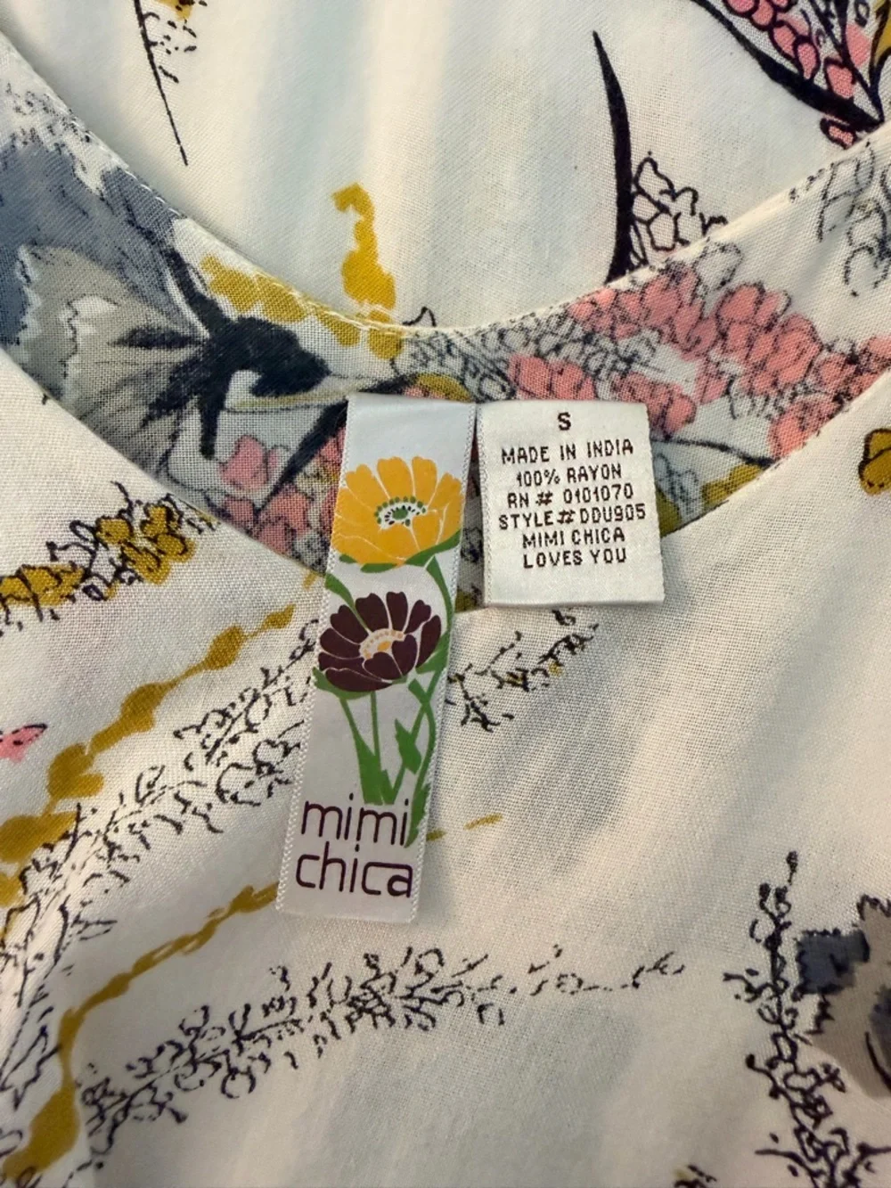 Mimi Chica Floral Pink, Blue, and Yellow Blooms Strappy Flowy Boho Midi Small - Picture 5 of 12